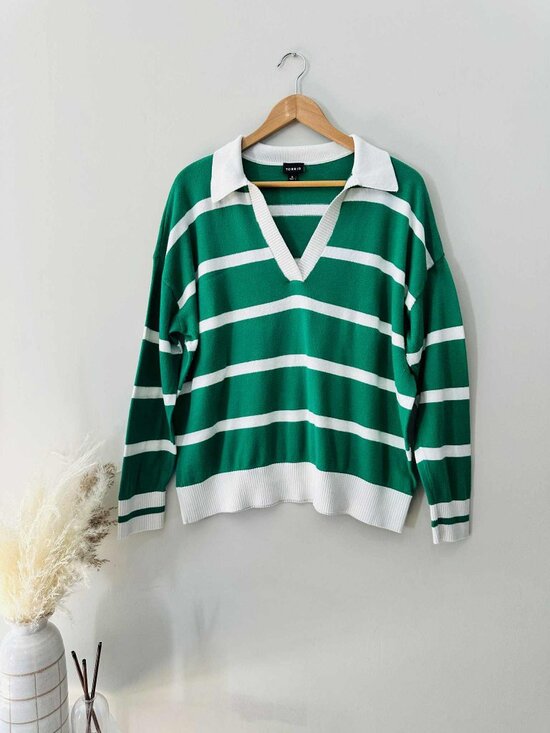 Torrid Green & White Striped Collared Knit Sweater, Size 0 - Picture 1 of 4